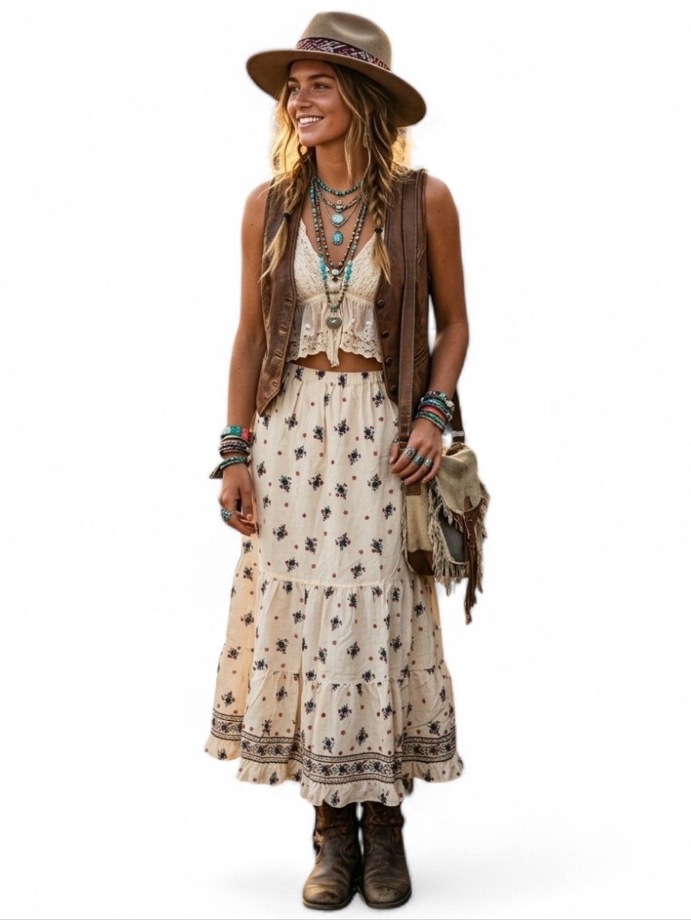 Boho Prairie Festival Floral Tiered Maxi Skirt Cream Flowy SZ XL